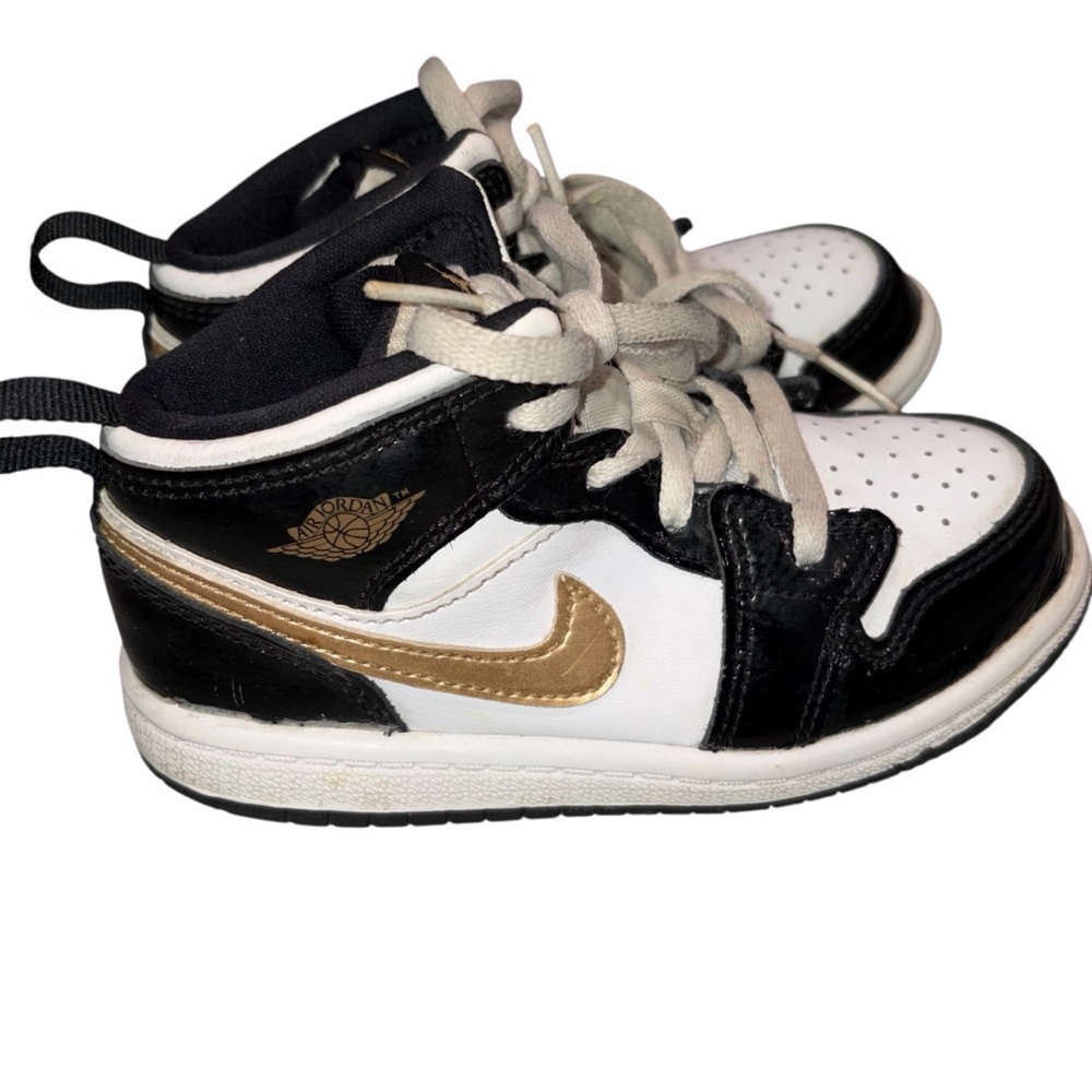 Nike Jordan 1 Mid SE Patent Black White Metallic Gold Kids Sneakers Shoes 10